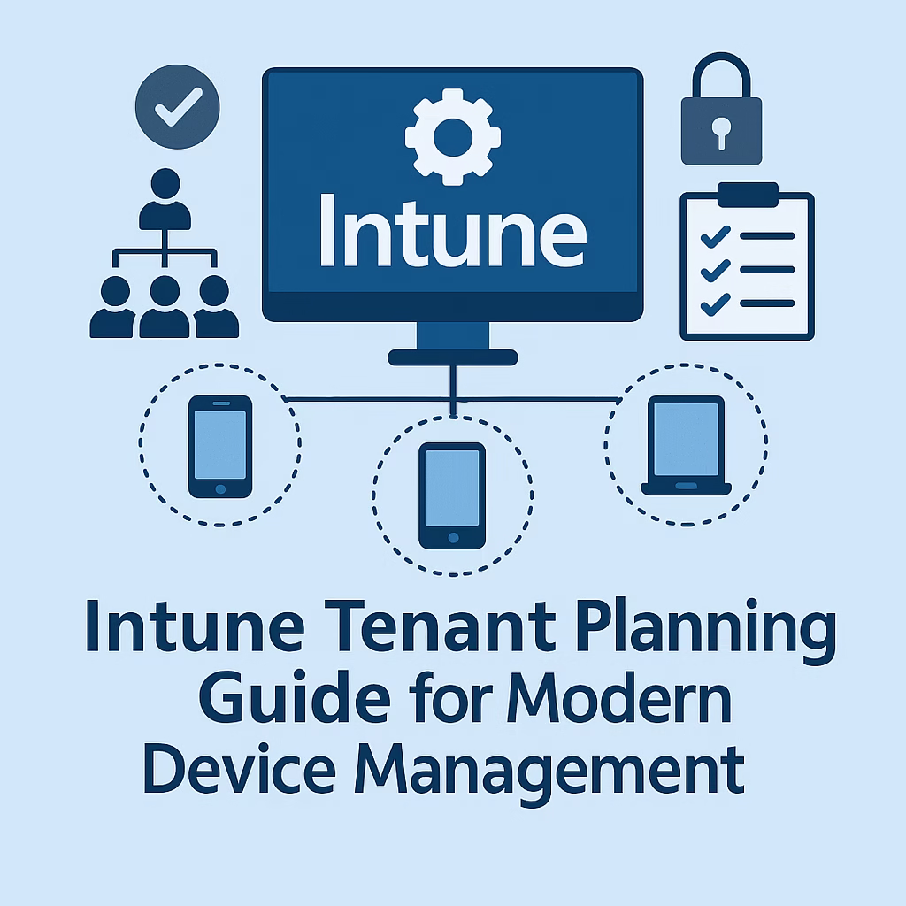 Diagram showing an Intune tenant architecture with device groups and management policies